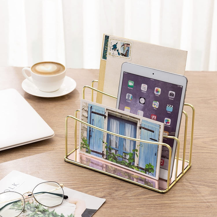 2 Slot Brass Tone Metal Wire Mail Sorter Organizer, Letter Holder with Reflective Rose Gold Base-MyGift