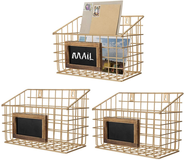 Set of 3 Contemporary Gold Metal Wire Wall Mounted Storage Baskets with Chalkboard Labels-MyGift