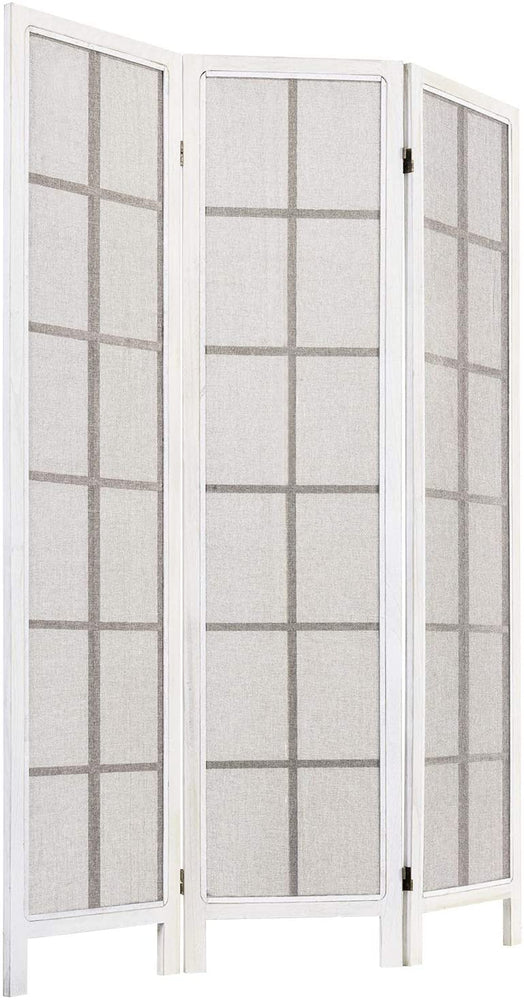 3-Panel, Whitewashed Wood Room Divider with Semitransparent Fabric Screen-MyGift