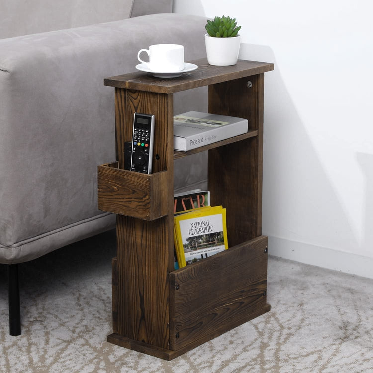 Burnt Wood End Table with Magazine Holder, Storage Display Shelf and Remote Control Holder Rack-MyGift