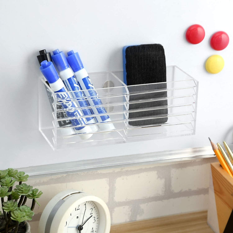 2 Slot Clear Acrylic Magnetic Dry Erase Whiteboard Marker Storage Bin, Office Supplies Organizer Box-MyGift