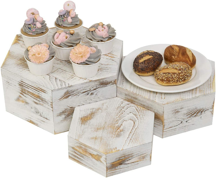 Set of 3, Whitewashed Wood Hexagonal Display Riser Stands for Desserts and Merchandise-MyGift
