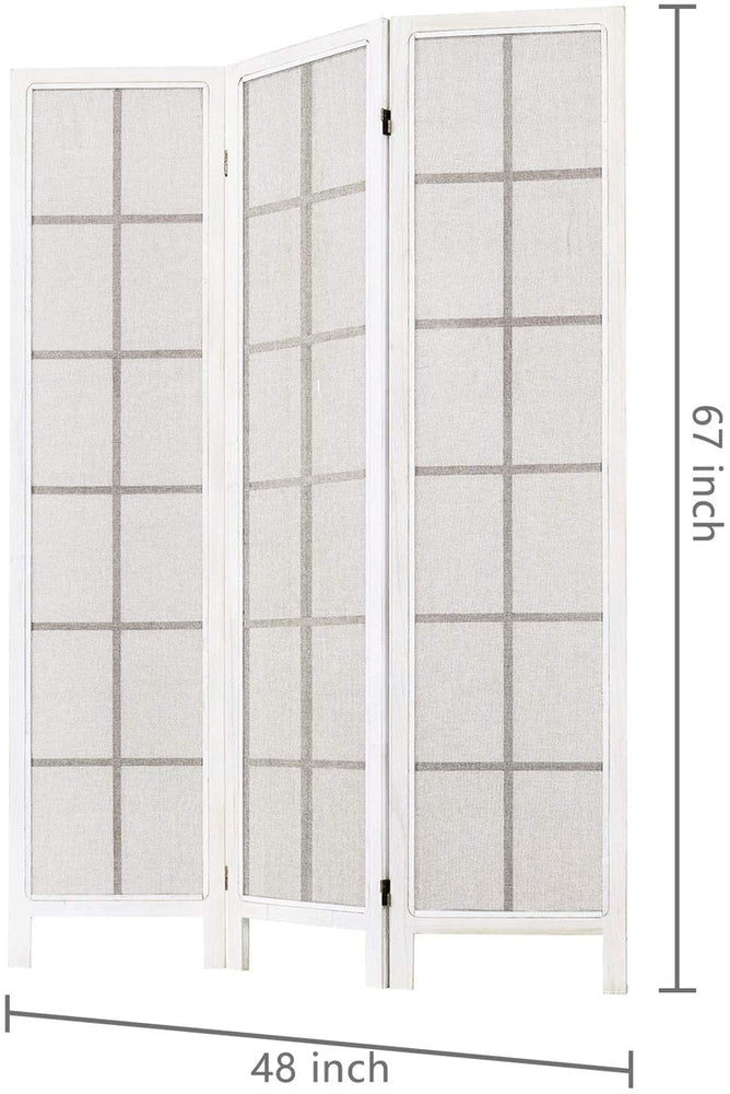 3-Panel, Whitewashed Wood Room Divider with Semitransparent Fabric Screen-MyGift