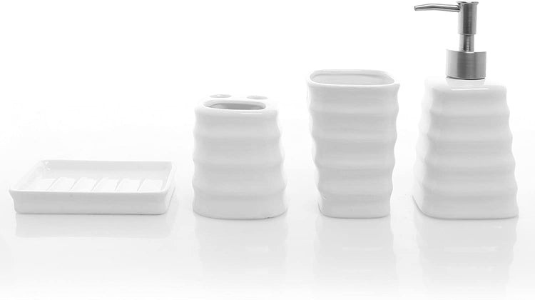 4 Piece Ribbed White Ceramic Bathroom Accessory Set w/Toothbrush Holder, Tumbler, Soap Dish & Dispenser-MyGift