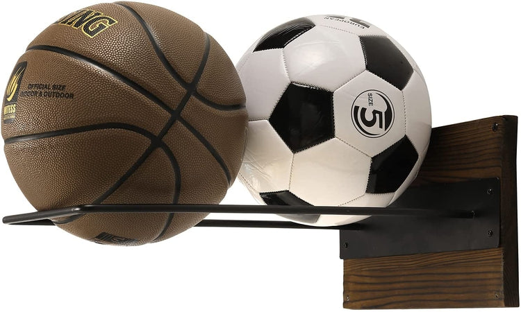 Burnt Wood, Black Metal Wire Wall Mounted Large Stability Ball Storage Rack, Yoga Studio and Gym Exercise Ball Organizer-MyGift