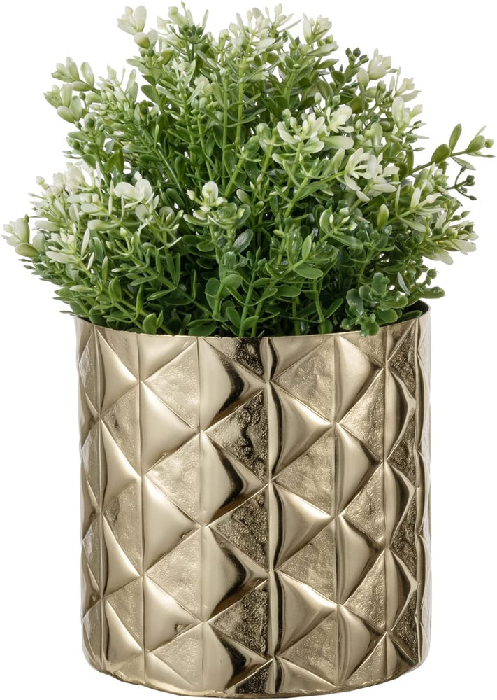 5.5 Inch Brass Tone Aluminum Planter with Geometric Embossed Triangle Pattern, Decorative Designer Metallic Flower Pot-MyGift