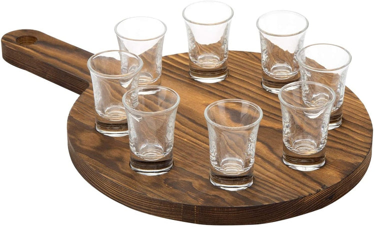 8 Shot Glass Set with Dark Brown Burnt Wood Paddle Holder Server Tray for Parties, Bars, and Housewarming-MyGift