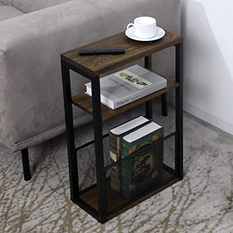Rustic Burnt Wood End Table with Industrial Black Metal Frame and Mesh Magazine Holder, 25 Inch-MyGift