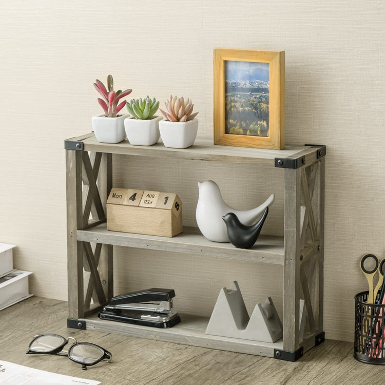 Wall Mounted Kitchen Open Shelving, 3 Tier X-Cross Gray Brown Wood Floating Shelves with Black Metal Corner Wraps-MyGift