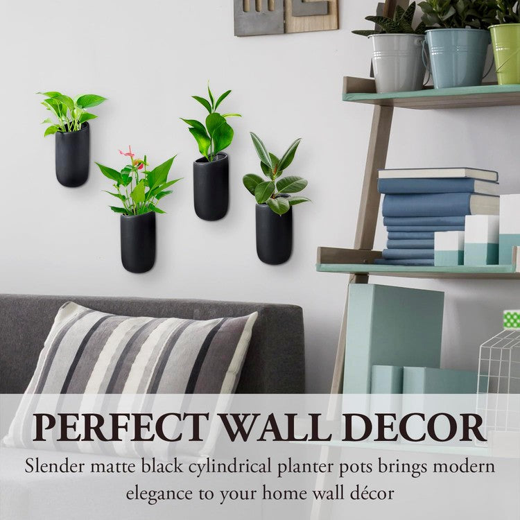 plant pots with holders Wall Mounted Black Ceramic Plant Containers, Vertical Hanging Flower Vases, Set of 4