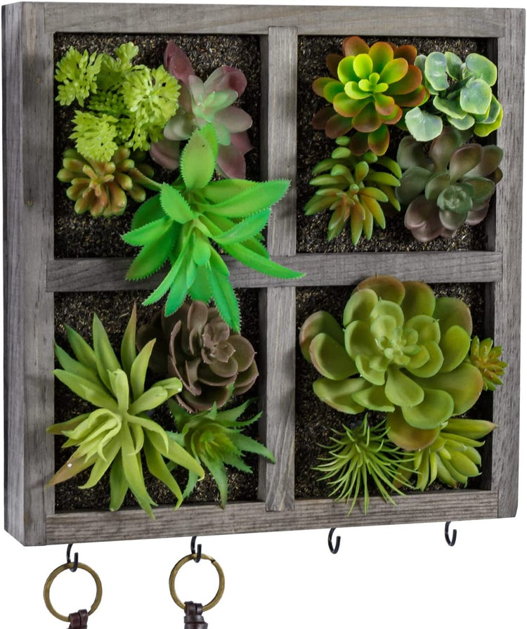 Gray Wood Grid Design Wall Mounted Artificial Succulent Decorative Entryway Wall Art with 4 Key Storage Hooks-MyGift