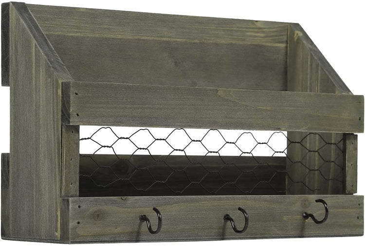 Gray Wood, Wall Mounted Entryway Mail Sorter Rack with 2 Key Hooks and Decorative Chicken Wire Front Panel-MyGift