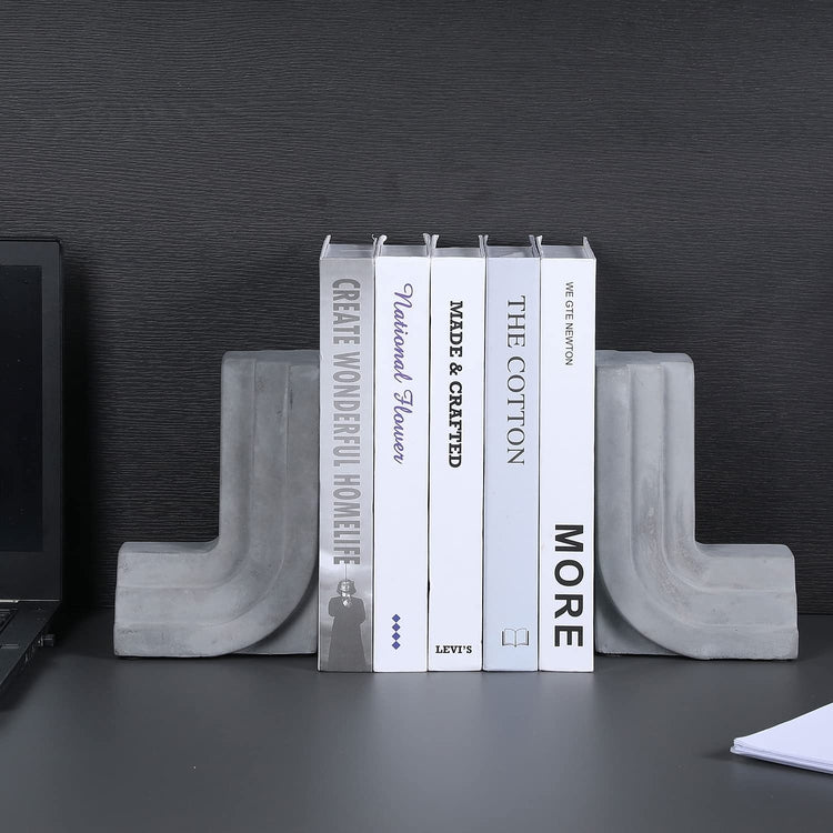 Gray Concrete Layered L-shape Decorative Bookends, Retro Design Office Desk Book Stand, 1-Pair-MyGift