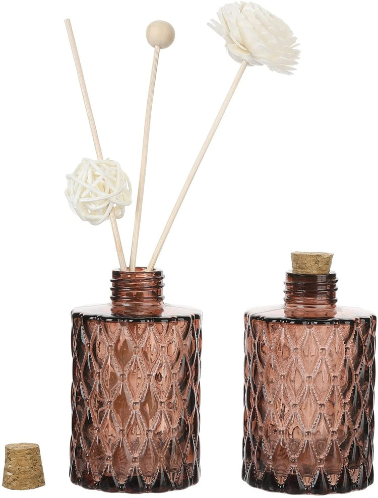 Set of 2, Amber Tinted Textured Glass Diffuser Bottles or Flower Vases with Quilted Diamond Pattern and Cork Lids-MyGift