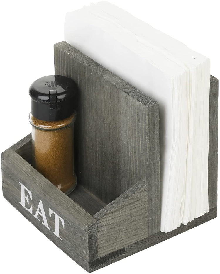 2 Compartment Gray Wood Napkin Holder Rack with Spice Shakers, Condiment Bin and Bold White Printed EAT Lettering-MyGift
