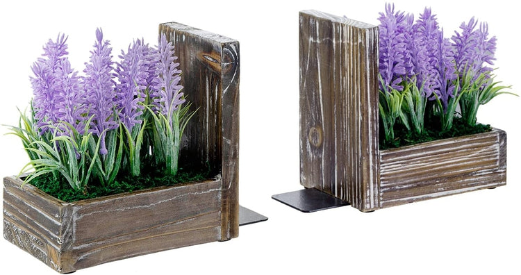 Decorative Bookends, Book Holder, Torched Wood Bookend with Artificial Lavender in Planter Boxes, Desktop Book Stands-MyGift