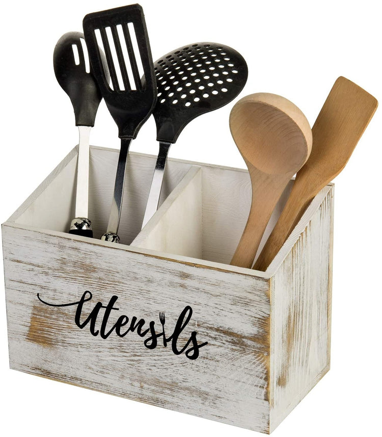 Rustic Whitewashed Solid Wood Kitchen Caddy with Cursive "Utensils" Text-MyGift