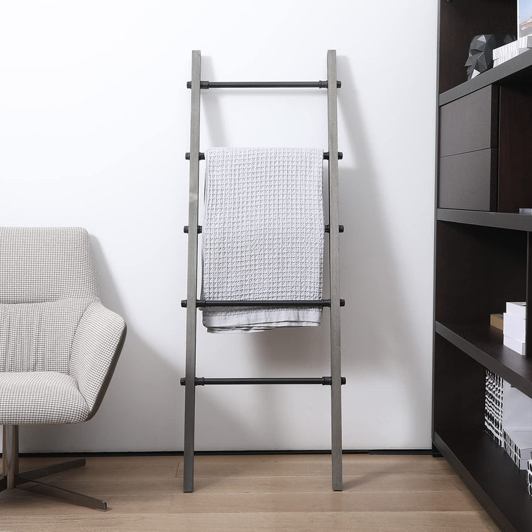 5-ft Blanket Ladder, Wall-Leaning Decorative Storage Ladder with Weathered Gray Wood and Industrial Metal Pipe Rungs-MyGift
