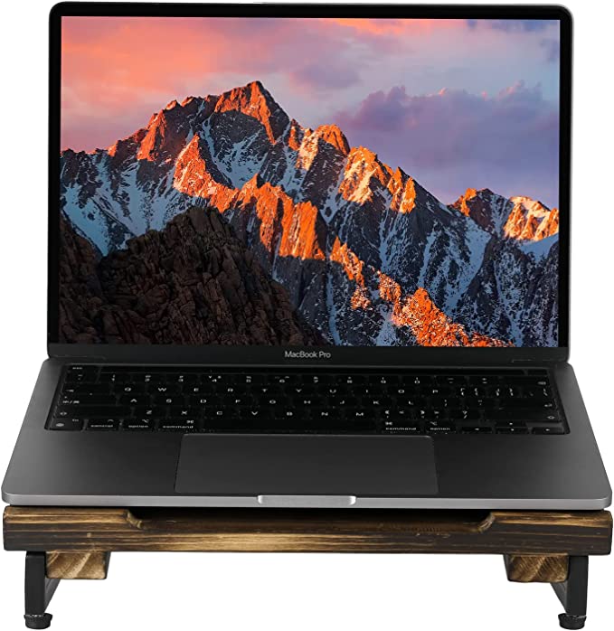 Portable Laptop Stand, Burnt Solid Wood and Matte Black Metal Angled Laptop Riser Cooling Stand-MyGift