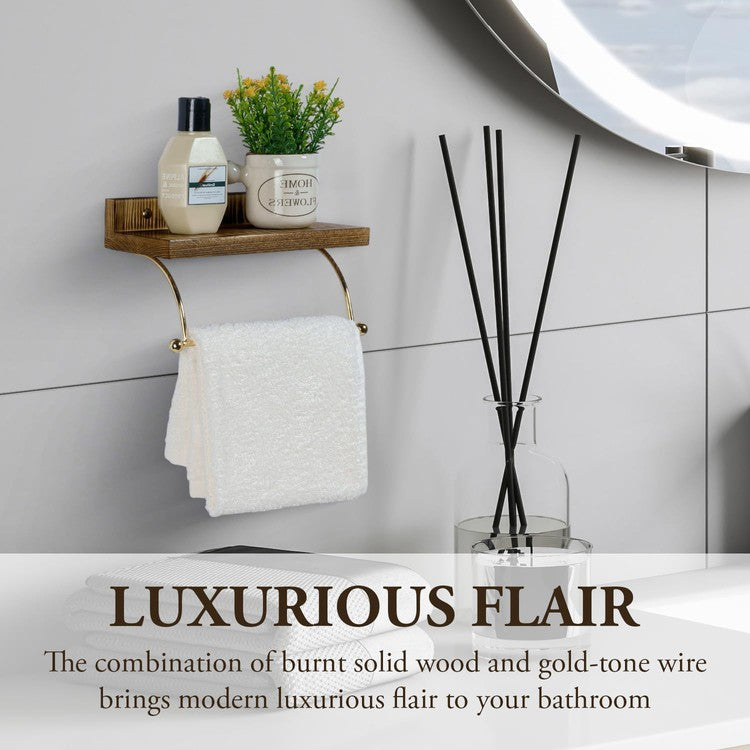 Wall Mounted Brass Metal and Brown Wood Hand Towel Rack, Hanging Towel Holder-MyGift