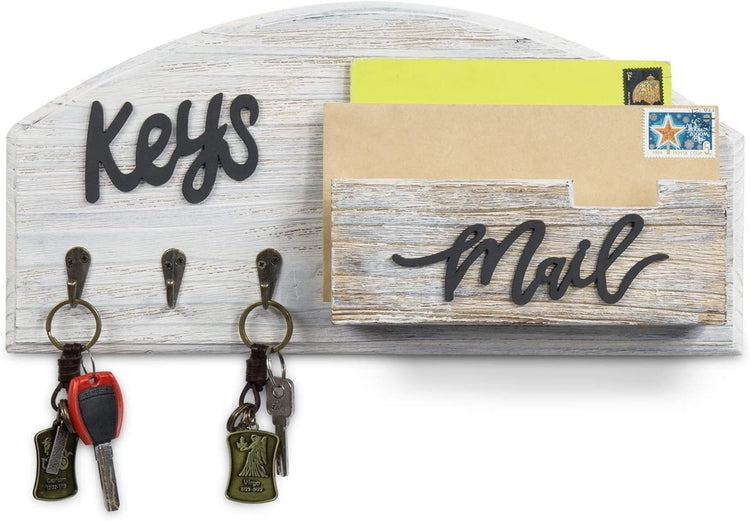Whitewashed Wood Wall Mounted Entryway Key Holder, Mail Sorter Rack with 3 Hanging Hooks-MyGift