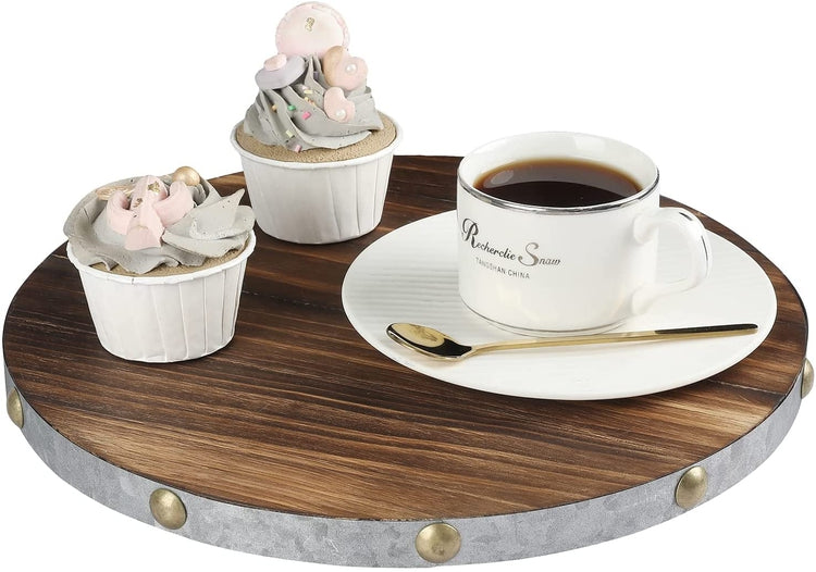 Round Rotating Serving Tray, Burnt Wood and Galvanized Metal Lazy Susan Turntable with Brass Tone Studs-MyGift