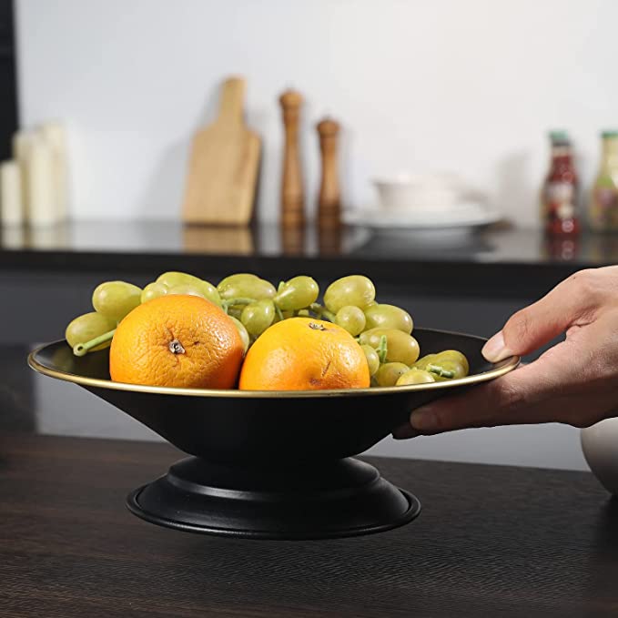 10-inch Art Deco Style Black Metal Footed Serving Platter with Gold Rim-MyGift