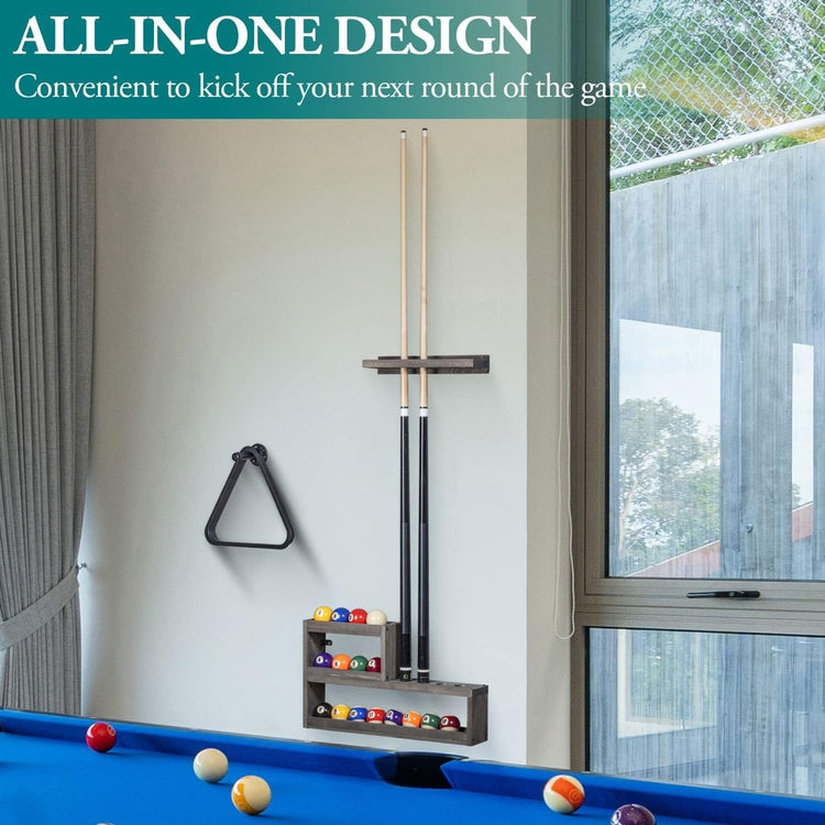 Weathered Gray Wood Pool Cue Holder and Ball Storage with Pipe Hook for Triangle Rack, Wall Mounted Billiards Organizer-MyGift