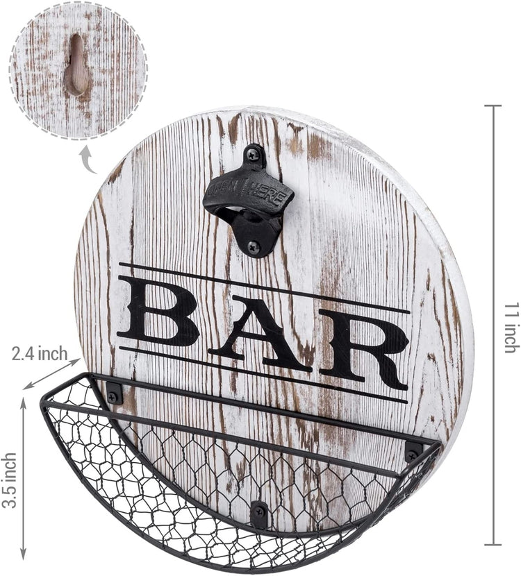 Vintage Bar Sign, Whitewashed Wood Wall Decor and Metal Bottle Opener and Mesh Wire Bottle Cap Catcher Basket-MyGift