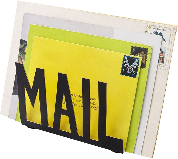 Metal Desktop Mail Holder, Office Desk Letter Sorter Organizer with MAIL Cutout Design, Black and Gold-MyGift