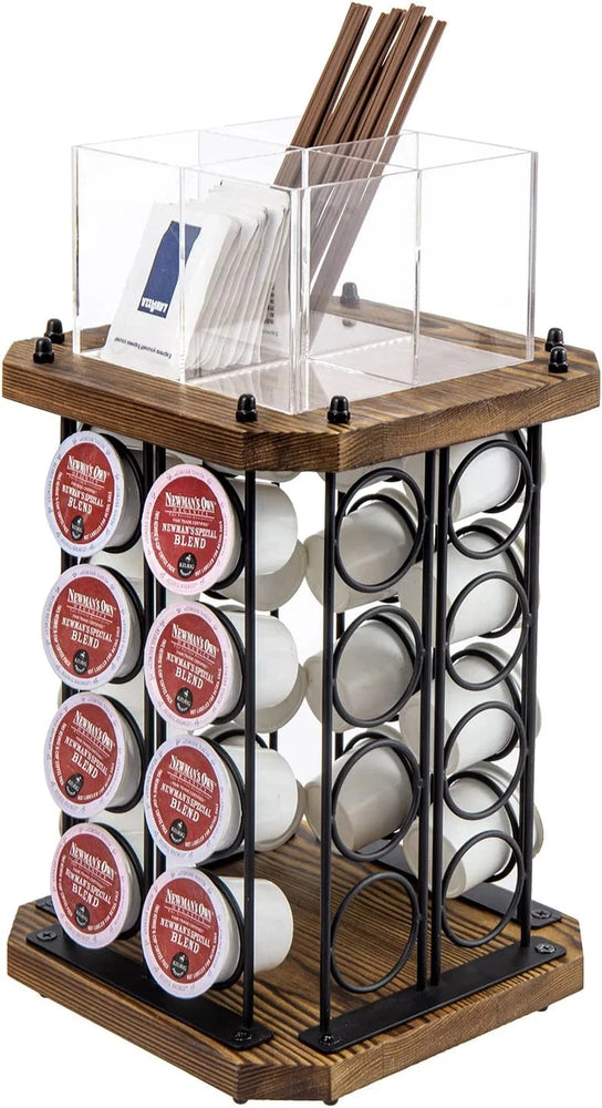 Rotating Coffee Pod Holder Burnt Wood and Black Metal Wire, Café Supplies Capsule Storage Rack Display Spinning Stand-MyGift