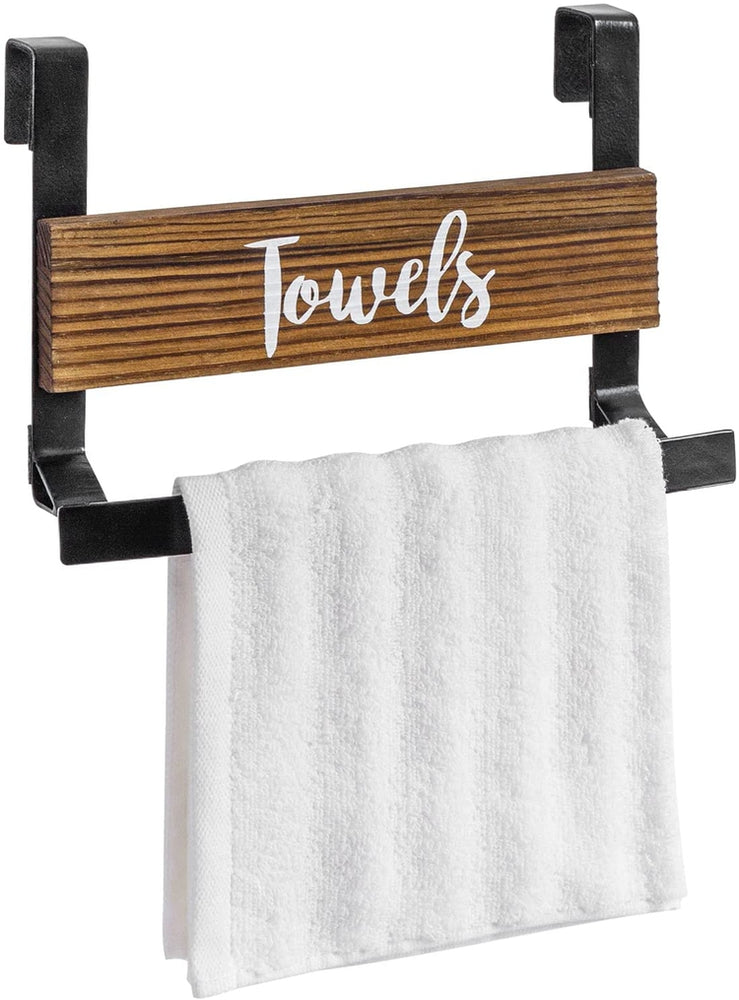 Burnt Wood and Industrial Black Metal Over Cabinet Door Kitchen Hand Towel Bar Hanger Rack with Cursive Writing-MyGift