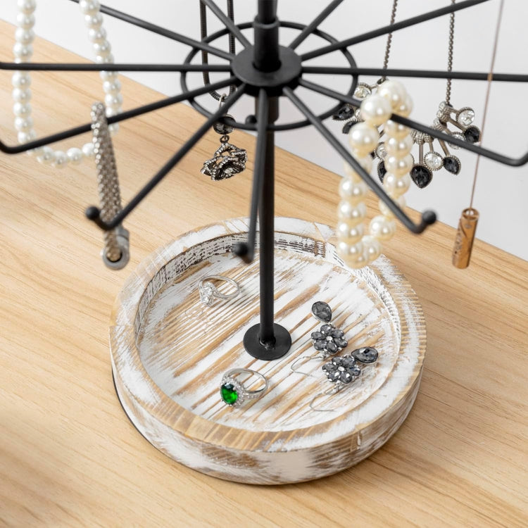 Rotating Tiered Jewelry Tree in Black Metal with Whitewashed Wood Base, Spinning Necklace Tower Display Stand-MyGift