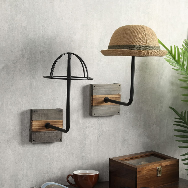 Set of 2, Black Metal Wall Mounted Hat Display Racks with Gray and Burnt Wood Base-MyGift