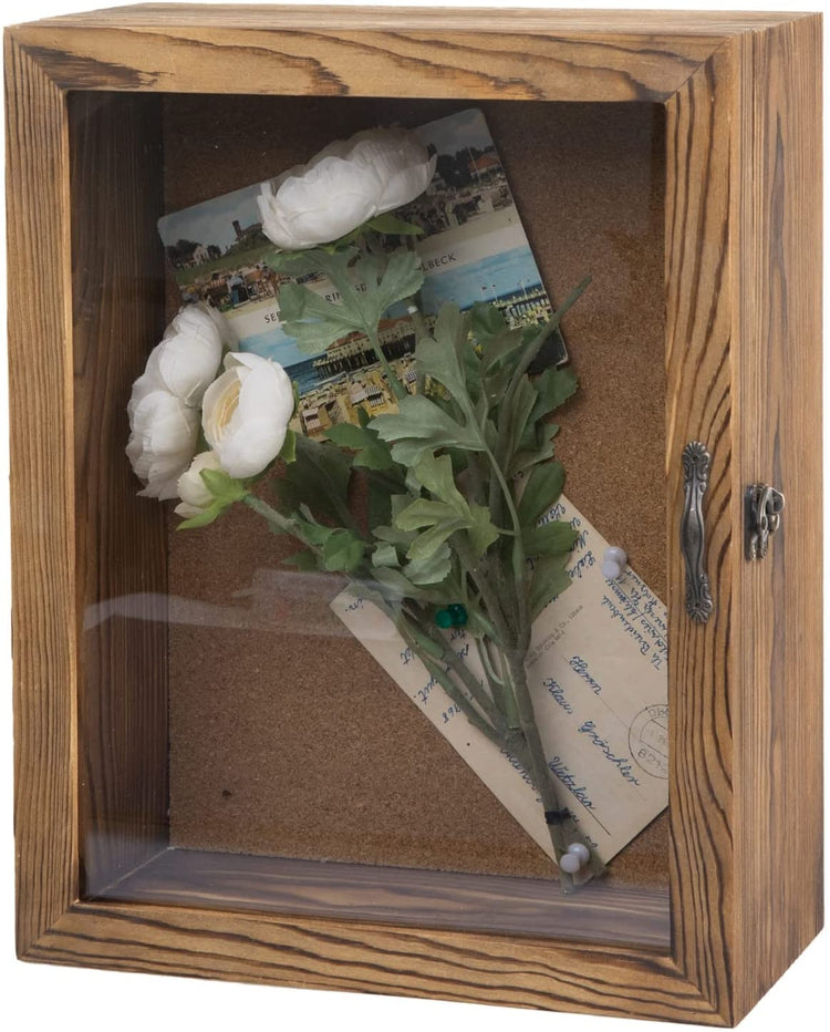 Burnt Wood Shadow Box with Cork Board Backing, 11x14 Wall Mounted Display Case and Clear Acrylic Front Panel Door-MyGift