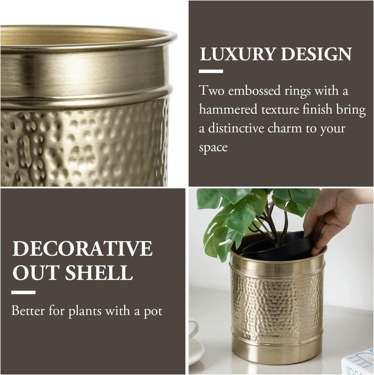 6.5 Inch Hammered Brass Tone Metal Planter Pot with Embossed Ring Design, Decorative Plant Container-MyGift