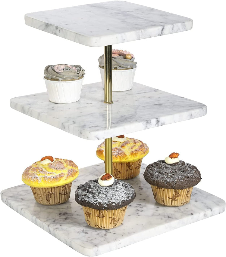 Square Natural White Marble Commercial 3 Tier Cupcake Dessert Display Retail Riser Stand-MyGift