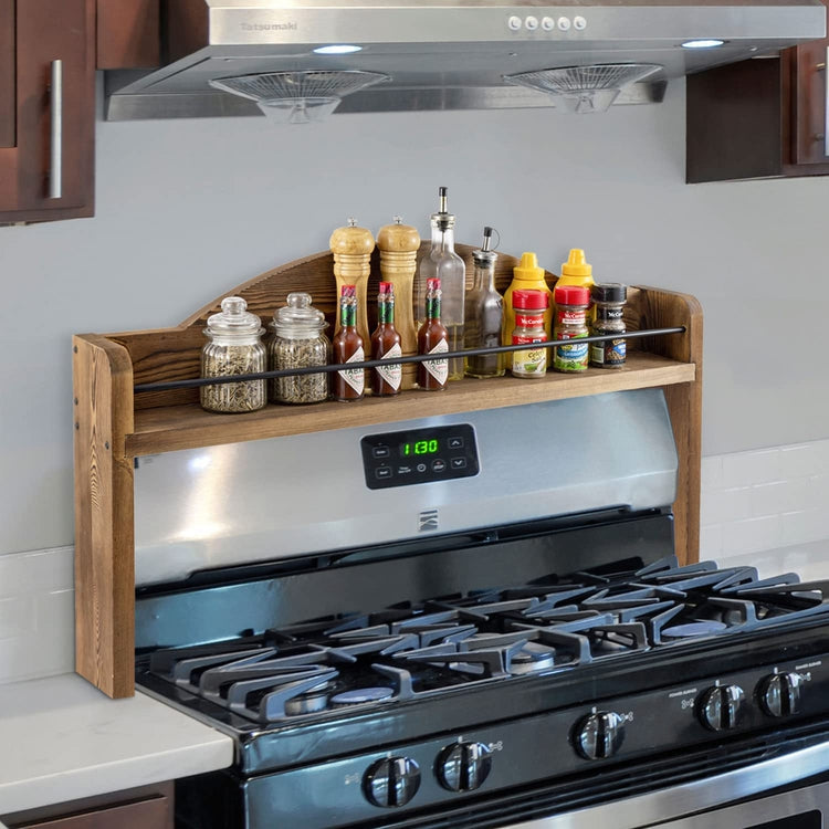 Burnt Wood and Black Metal Wire Bar Stove Top Spice Rack, Space Saving Over Oven Range Stovetop Storage Display Shelf-MyGift