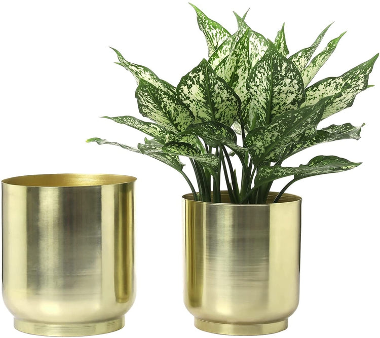 Set of 2, Planter Pot, Shiny Brass Planter, Metal Cylindrical Indoor Plant Container-MyGift