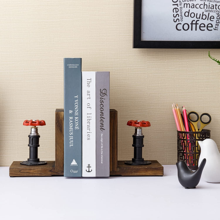 Industrial Decorative Bookends, Valve and Pipe Sculpture with L-Shaped Wood Tabletop Book Holder, 1 Pair-MyGift
