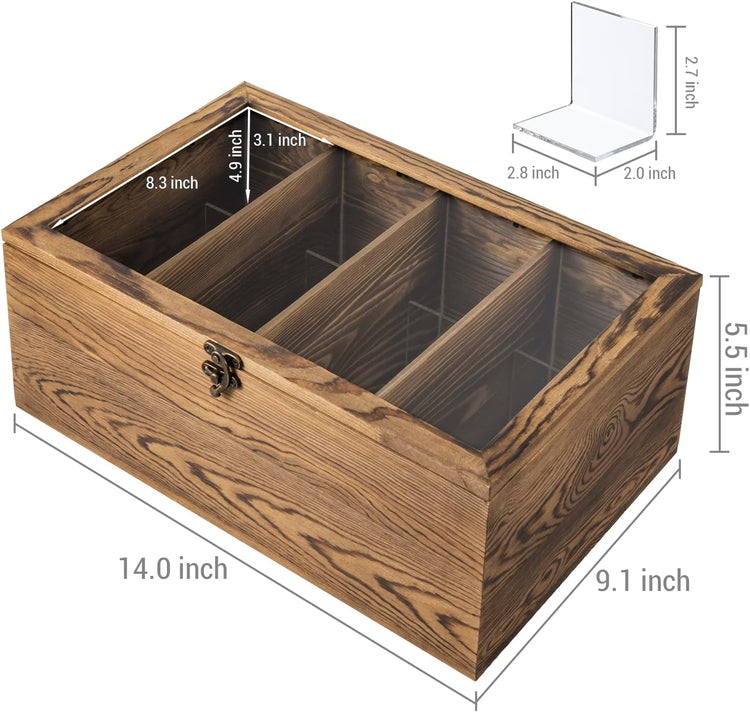 Burnt Wood Trading Card Storage Box with 4 Compartments, 4 Acrylic Dividers, Hinged Clear Viewing Lid, and Metal Latch-MyGift