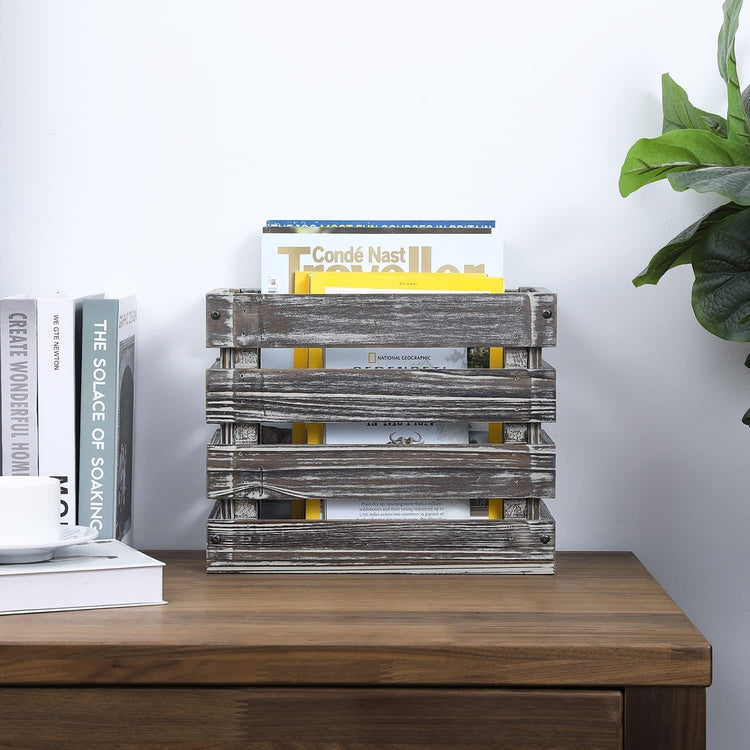 Torched Wood Magazine Holder Bathroom Storage Organizer Basket Crate with Cutout Handles-MyGift