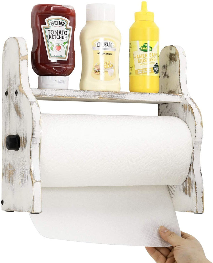 Shabby-Chic Whitewashed Wood Paper Towel Holder w/ Shelf
