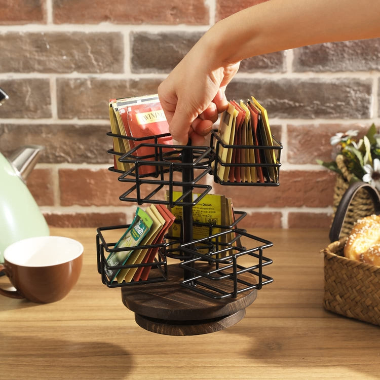 Black Metal Wire Tea Bag Spinning Carousel Basket, 6-Compartment Tea a ...