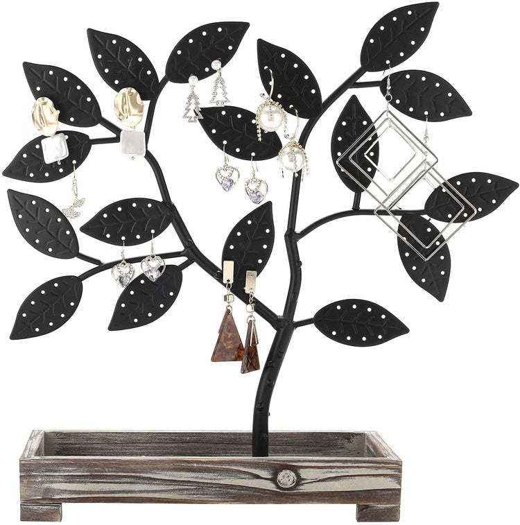 Matte Black Tabletop Leaf and Tree Design Jewelry Organizer with Torched Wood Ring Dish Tray-MyGift