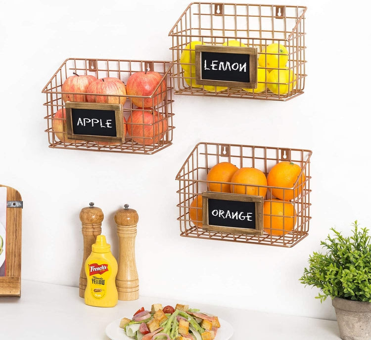 Set of 3, Contemporary Copper Metal Wire Wall Mounted Storage Baskets with Chalkboard Labels-MyGift