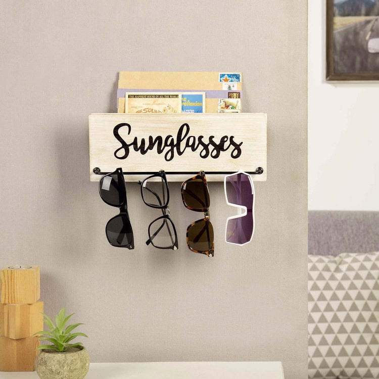 Whitewashed Wood Wall Mounted Sunglasses Rack and Mail Sorter Bin with Metal Hanging Bar and Cursive Sunglasses Label-MyGift