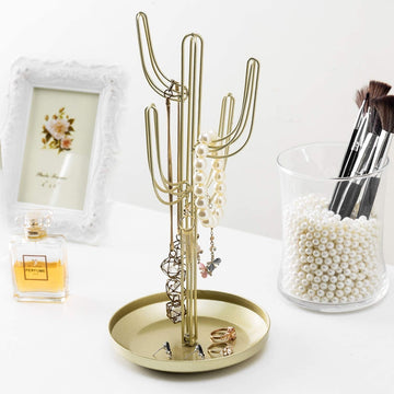 Gold Metal Jewelry Tower Rack with Ring Tray, Cactus-Shaped Jewelry St ...