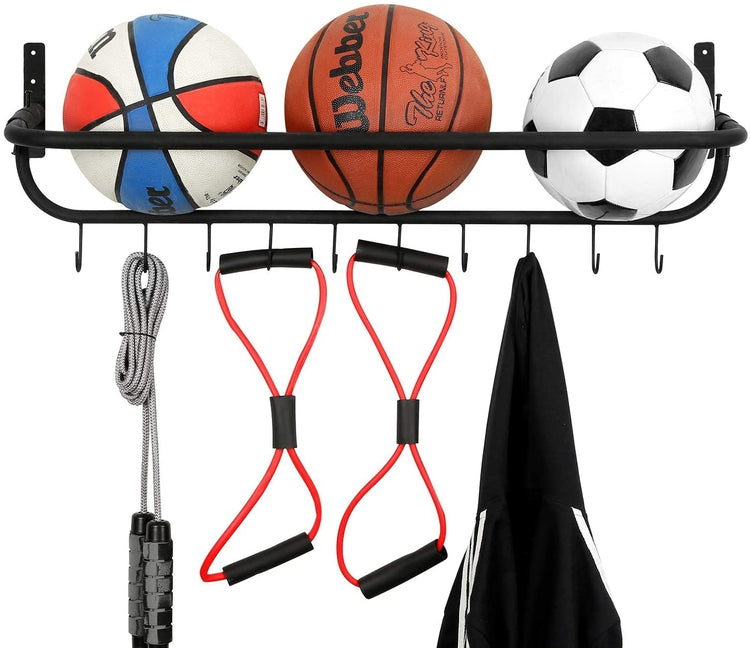 Black Metal Wall Mounted Sports Ball and Equipment Storage Organizer with 10 Hooks-MyGift