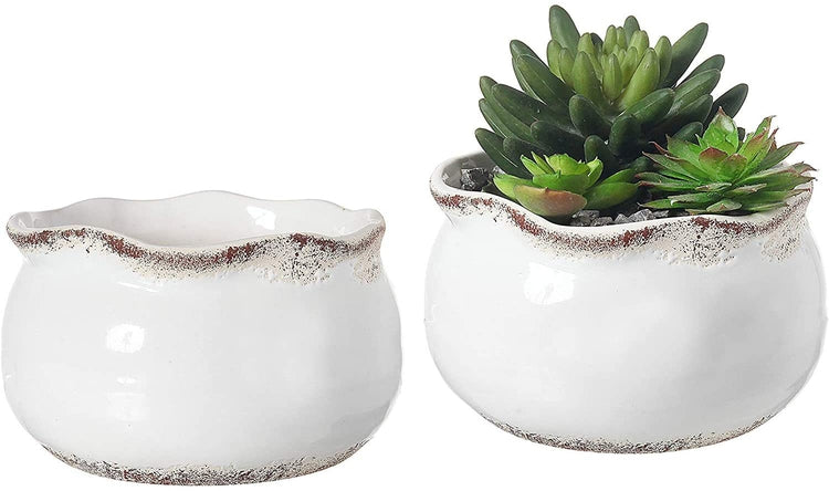 Set of 2, White Ceramic Succulent 5-Inch Planter Bowl with Rustic Rim-MyGift